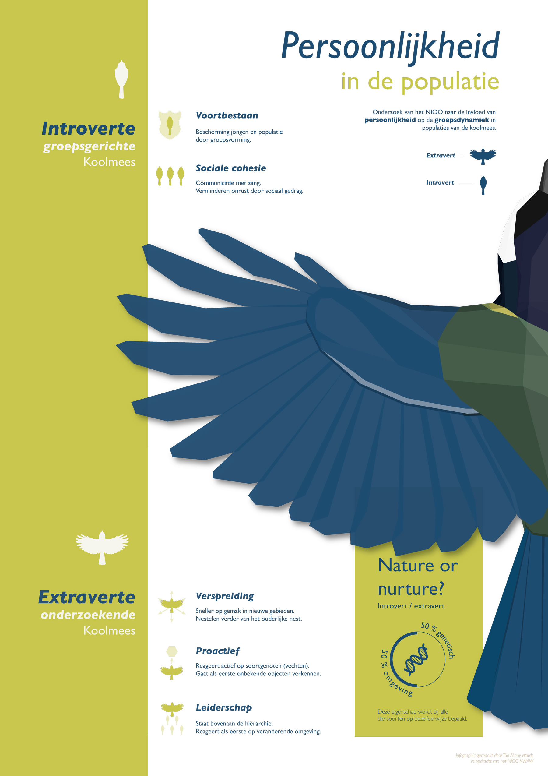Persoonlijkheidsonderzoek extravert introvert bij Koolmees populaties - deel persoonlijkheid | infographic Too Many Words | Infographics & identiteiten te Utrecht